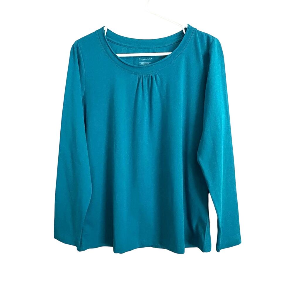 NWT Christopher & Banks Aqua Long Sleeve Ruched Top Cotton Large Normcore
